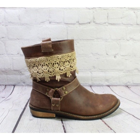Latigo Shoes - Latigo Zephyr Brown Leather Crochet Trim Harness Ankle Boots Size 7 M